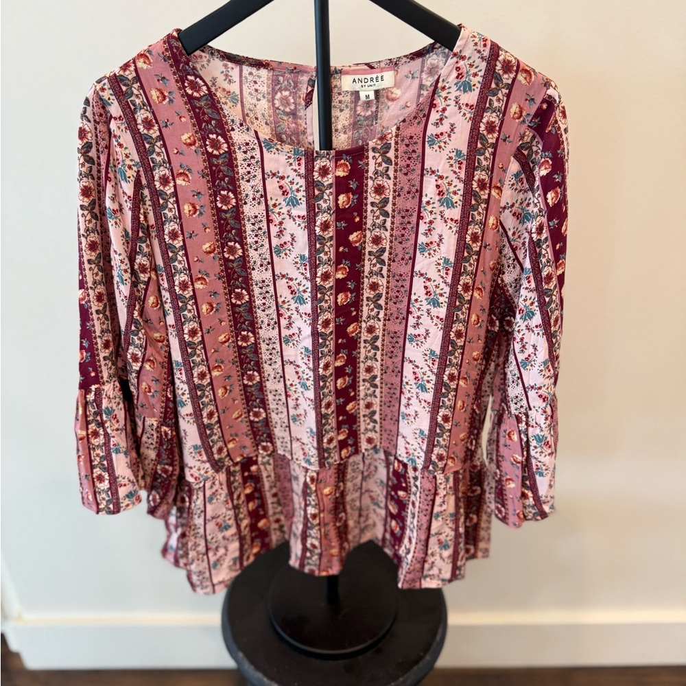 ANDREE BY UNIT Pink and Burgundy Floral Blouse